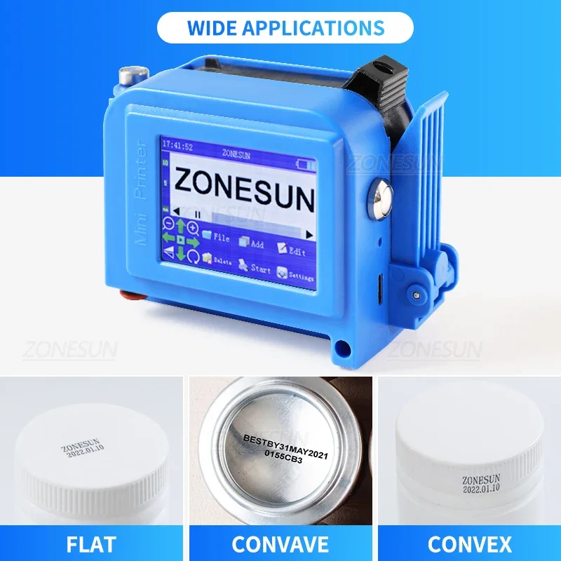ZONESUN Машина для кодирования даты Портативный струйный принтер 12,7 мм QR-код Штрих-код Пакет последовательного номера Логотип Упаковка изображения ZS-DC1