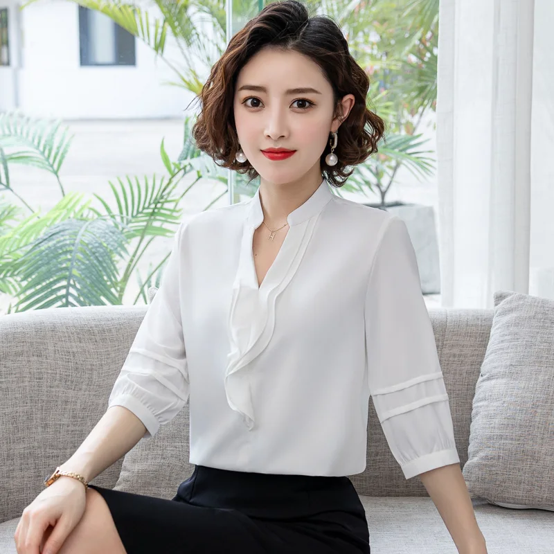 New Women'S Summer Style Slimming And Fashion 7-Point Sleeve Chiffon Shirt Mom'S Trendy Versatile Loose Ruffled V-Neck Top