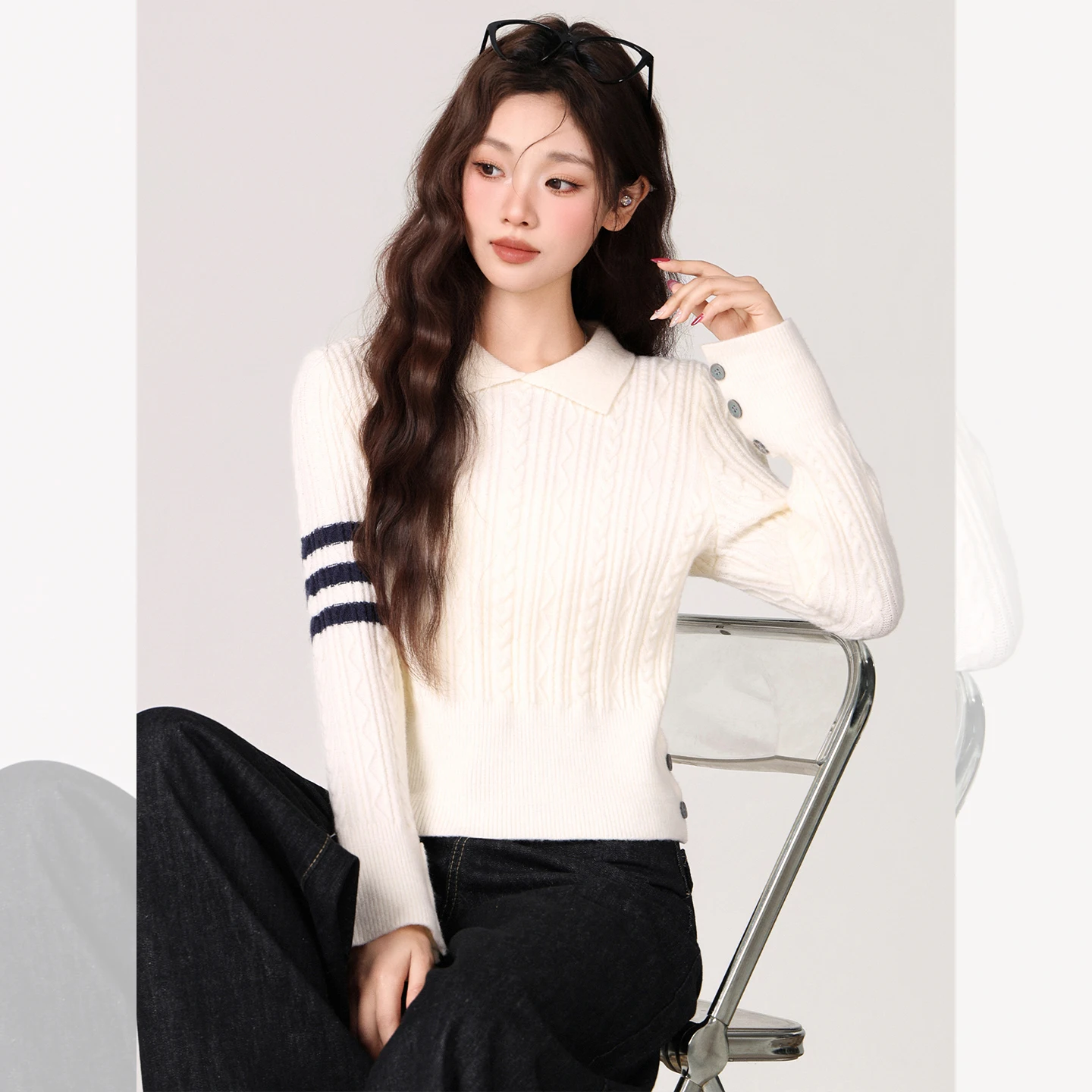 

Polo Sweater Women's Top 2025 New Autumn and Winter Fried Dough Twists Pullover College Style Sweater