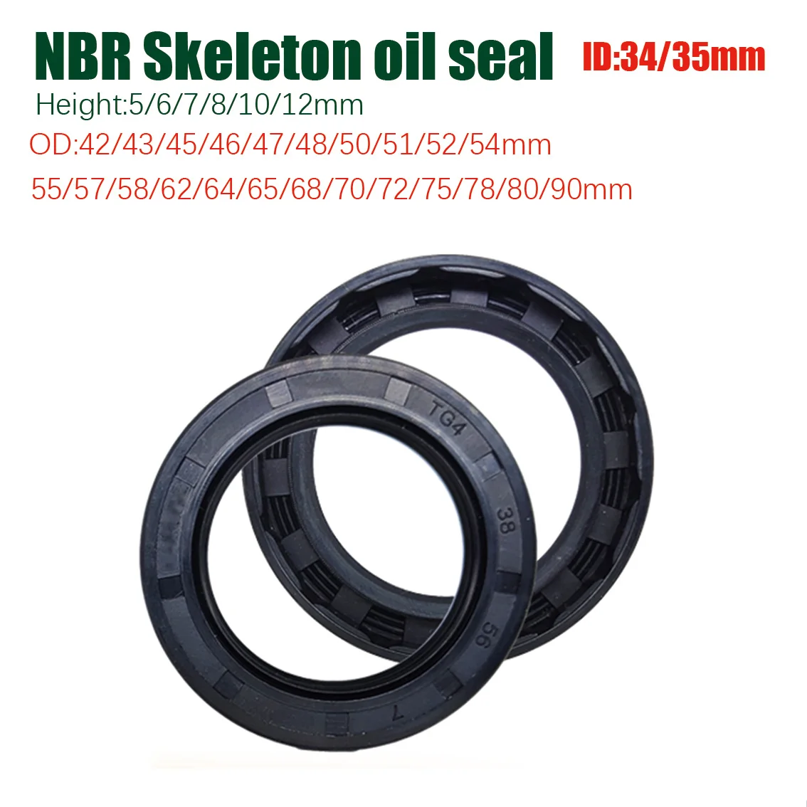 ID 34-35mm  OD 42-90mm NBR Nitrile Rubber Shaft Oil Seal TC/TG Dust Ring Height 5/6/7/8/10/12mm Nitrile Double Lip Oil Seal 1Pcs