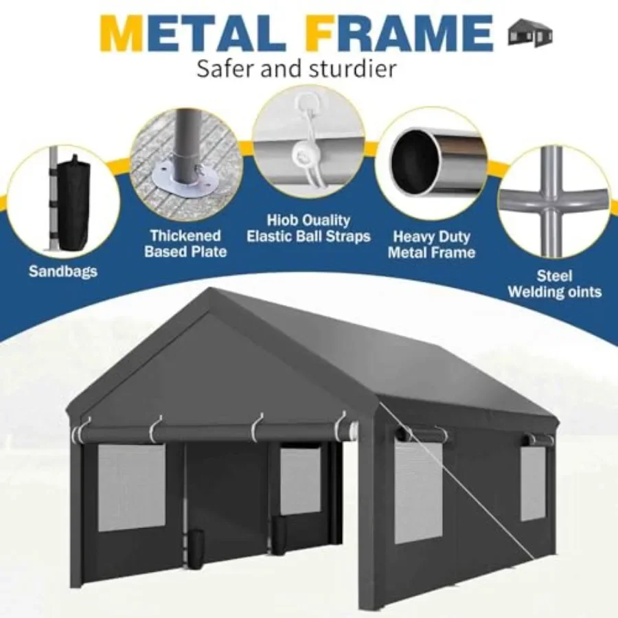 12x20 ft Carport for outdoor vehicle storage, heavy-duty steel frame with grey all-season tarp, roll-up windows, removable side