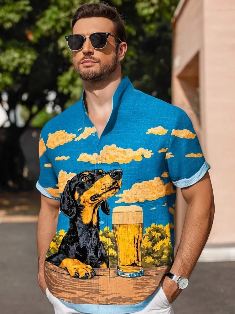 

Men's Boho Dachshund Dog Drink Beer Chilling Art Print Shirt Fashion Short Sleeve Stand Collar Holiday Harajuku y2k Blue Tops