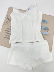 Sweet Bow White Tank Shorts Cotton Set Women Lace Trim V-neck Vest+Buttons Straight Short Boxer Short Pant Cute Home Pajama Sets