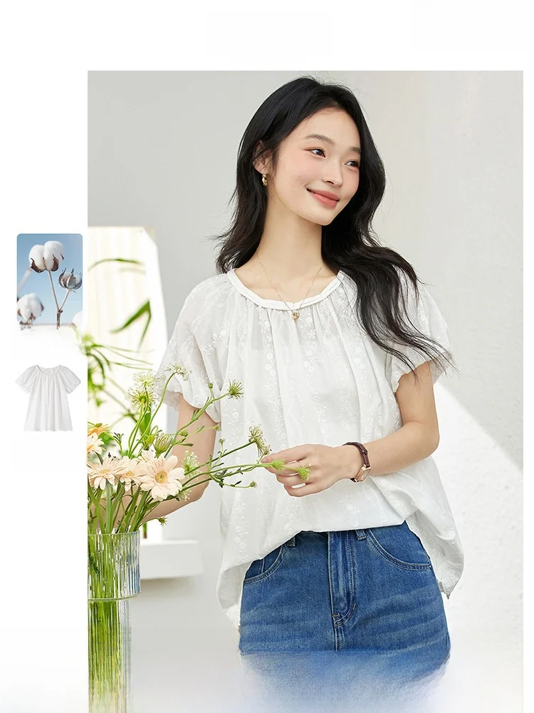 

Новая летняя женская свободная повседневная блузка из хлопка с вышивкой, круглым вырезом и винтажным цветочным принтом, удобный топ