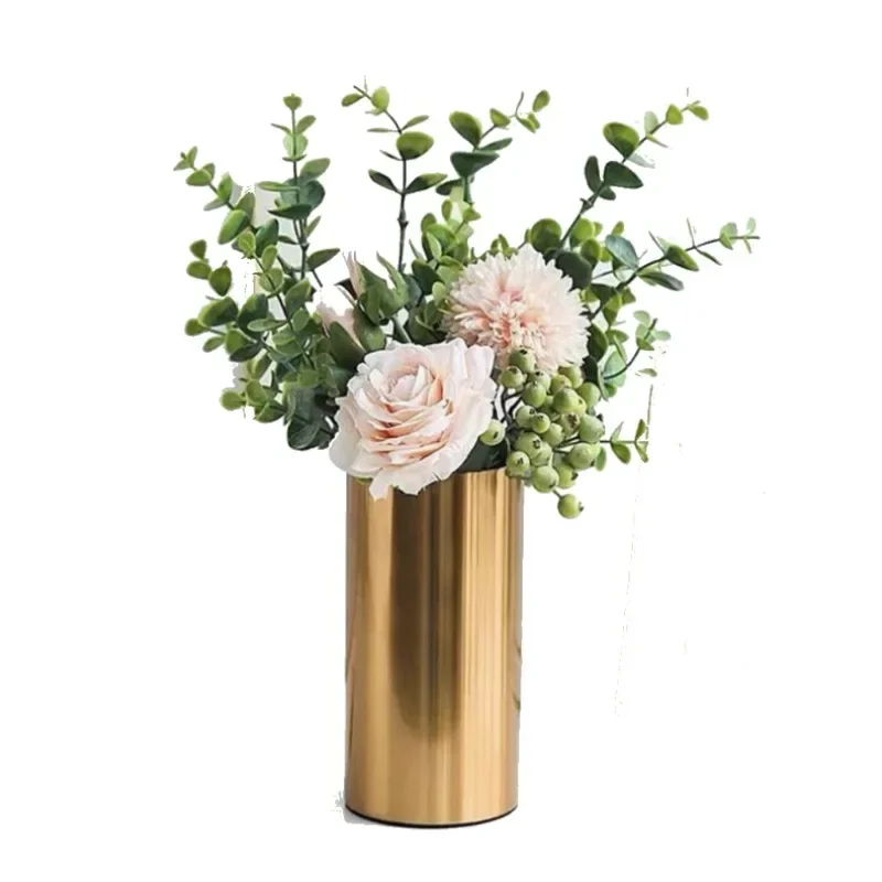 Nordic simple vase living room cylinder metal electroplated brass home decoration light luxury flower arrangement ornament