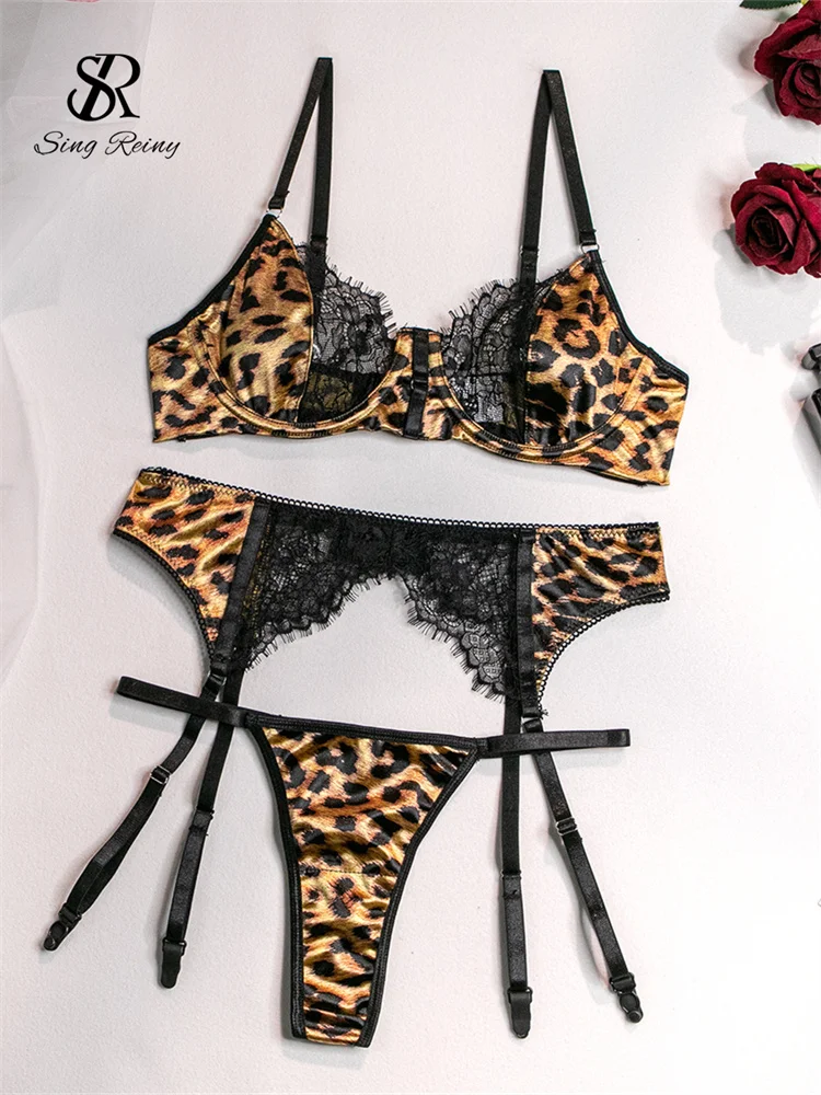 SINGREINY Leopard Lace Spliced Sensual Bra&Briefs Suits Porno Strapless Corset Suit Lingerie Women Club Sheath Underwear Sets