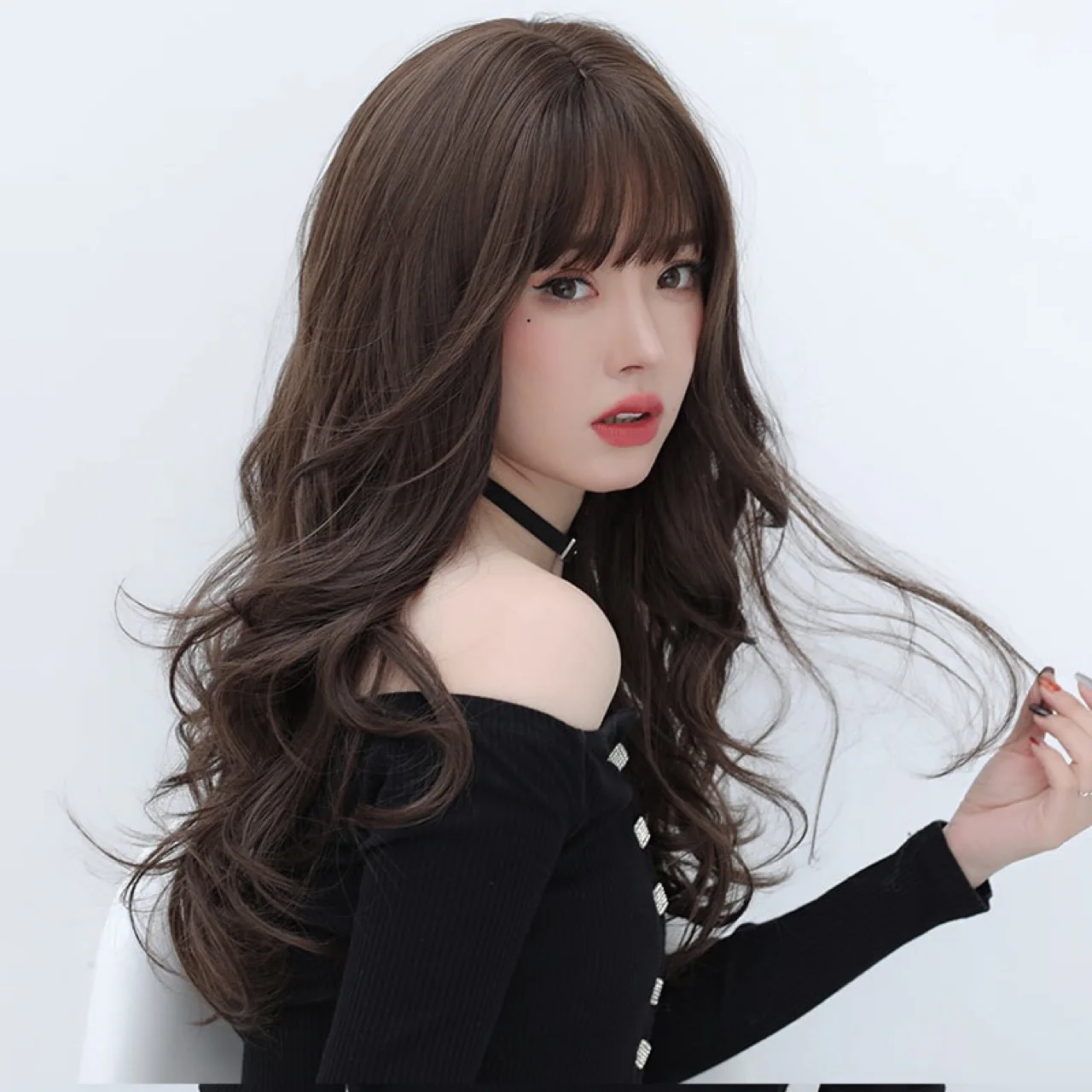 Curly Long Curly Hair Neat Bangs Big Wave Ladies Lace European and American Black Real Hair Wig