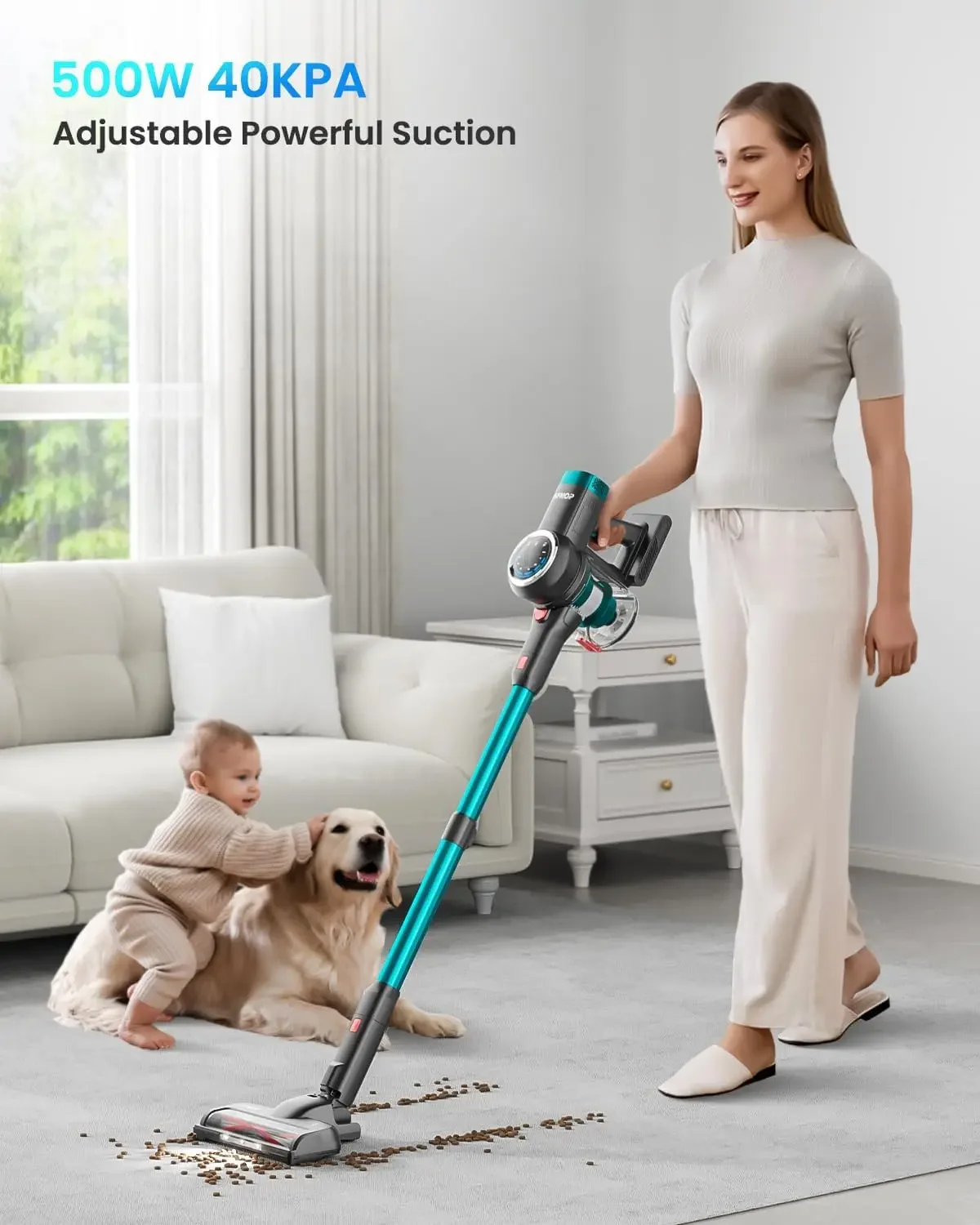 Cleaenr, 500W/40Kpa/60Mins Vacuum Cleaners for Home, Self-standing Stick Vacuum with LED Display, Rechargeable C