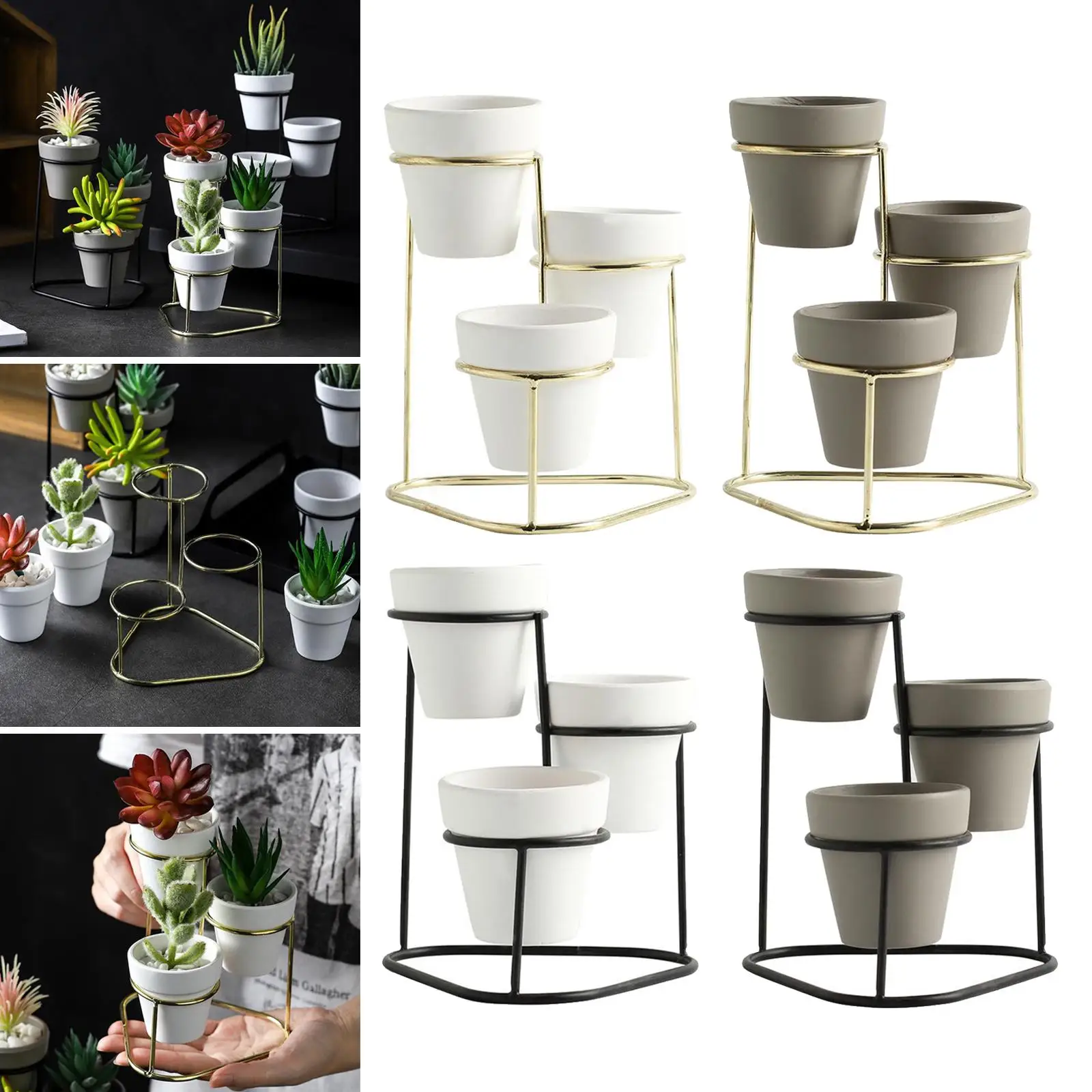 3Pcs Small Decorative Succulent Flower Pots with Metal Stand Set Unique Planter Mini Plant Pots Dining Table Bathroom Home Decor