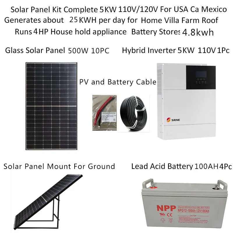 Solar System For Home Complete Kit 5000w 5000 Watt 220V 110V Hybrid On Off Grid Inverter MPPT Ground Mount Battery Solar System