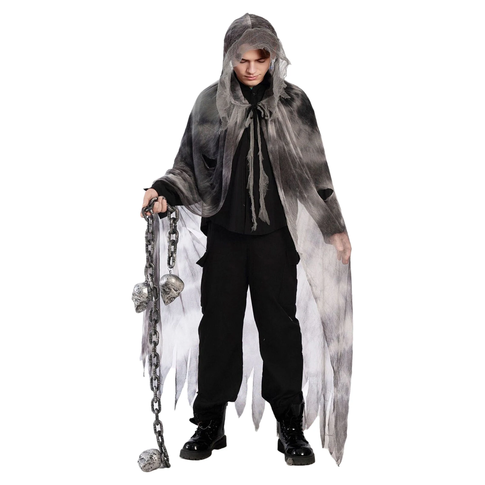 Men Women Halloween Hood Cloak with Exaggerated Ripped Mesh Lace-up Cape for Adults Cosplay Theme Party Masquerade