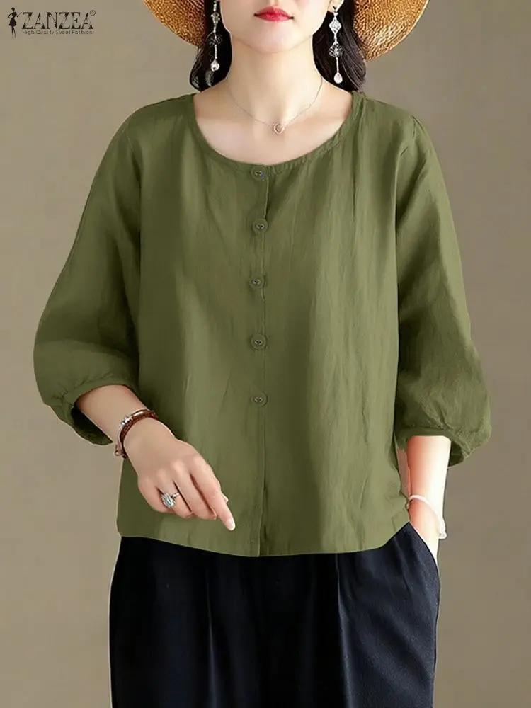 2025 Blusa Vintage de manga larga con cuello redondo para mujer, camisas de otoño ZANZEA, Tops de algodón para mujer, Blusas con botones, camisa de trabajo OL sólida elegante