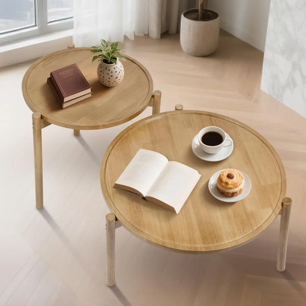 リビング、寝室、バルコニー用の無垢材の丸いネストテーブルのペア