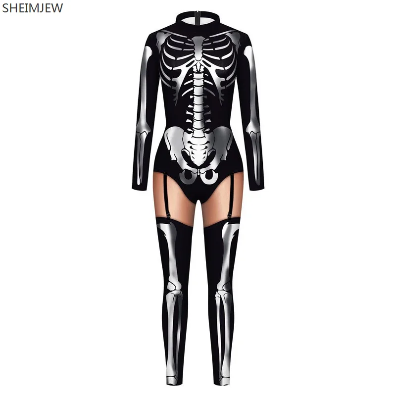 Schedel Skelet Print Jumpsuit Purim Carnaval Cosplay Zentai Pak Mode Bodysuit Grappige Vrouwen Sexy Catsuit Vrouwelijke Rave Outfits