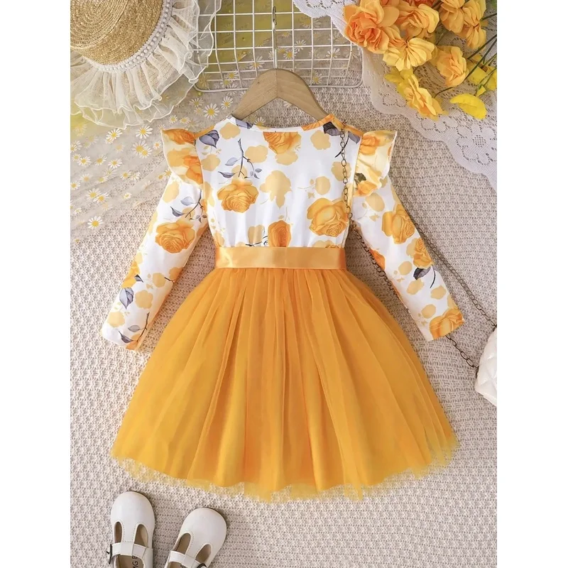 Children's Floral Print Sheer Long-Sleeved Dress with Waistband Casual Spring Autumn Trendy Style Girls Clothing