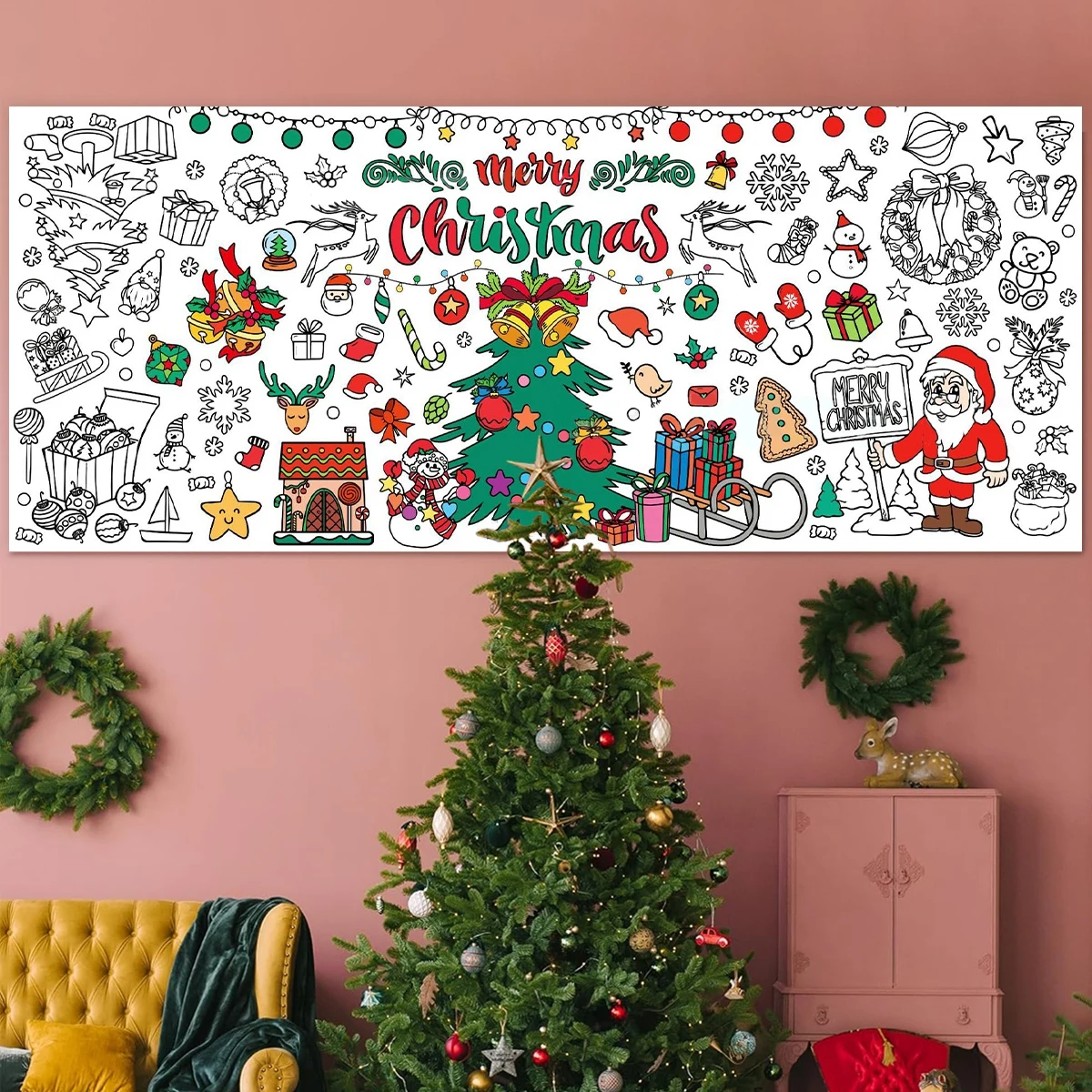 Póster para colorear gigante de Navidad, decoraciones navideñas para el hogar, adorno de Feliz Navidad, regalos de Navidad, Año Nuevo 2024, 2025