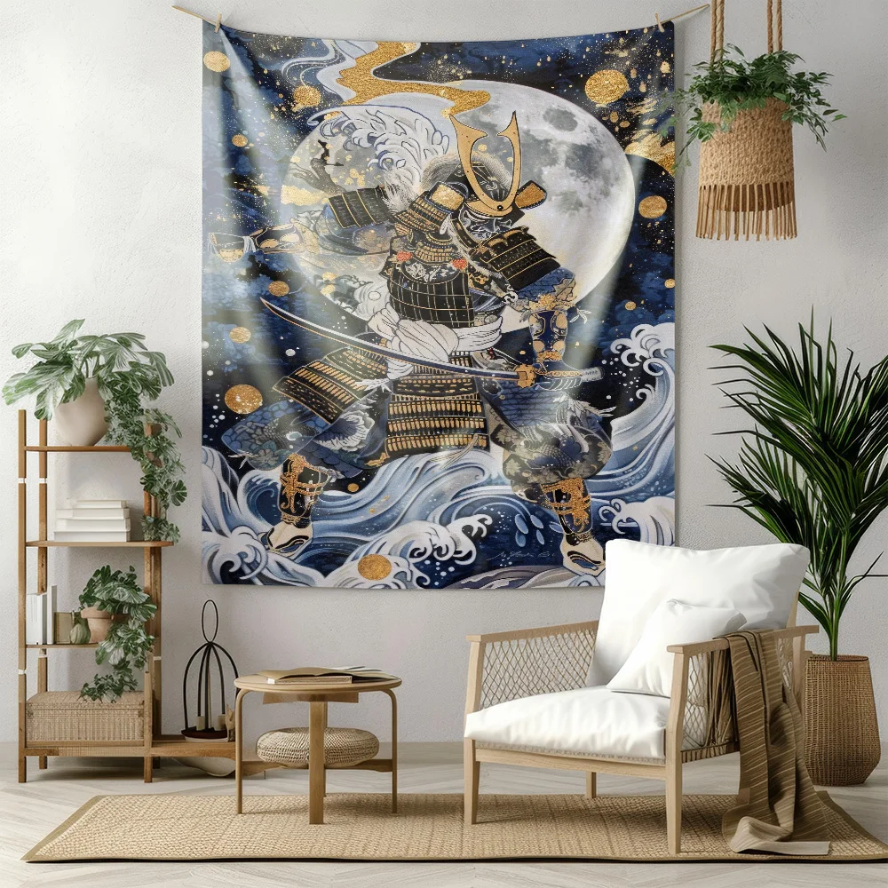 Japanese Samurai Warrior Tapestry Moon Wave Art Wall Decor Machine Washable All Season Living Room Bedroom Home Decor QuickSetup