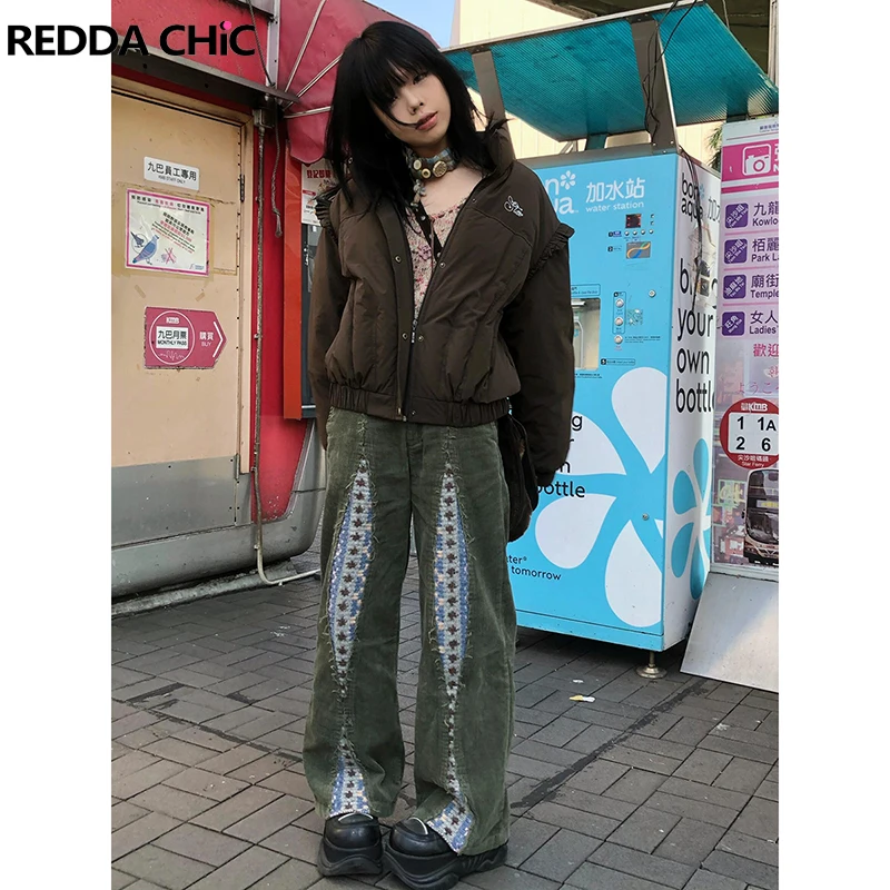 REDDACHiC Retro Patchwork Knit Corduroy Pants Women Green Striped High Waist Wide Leg Lounge Trousers Autumn Winter Streetwear