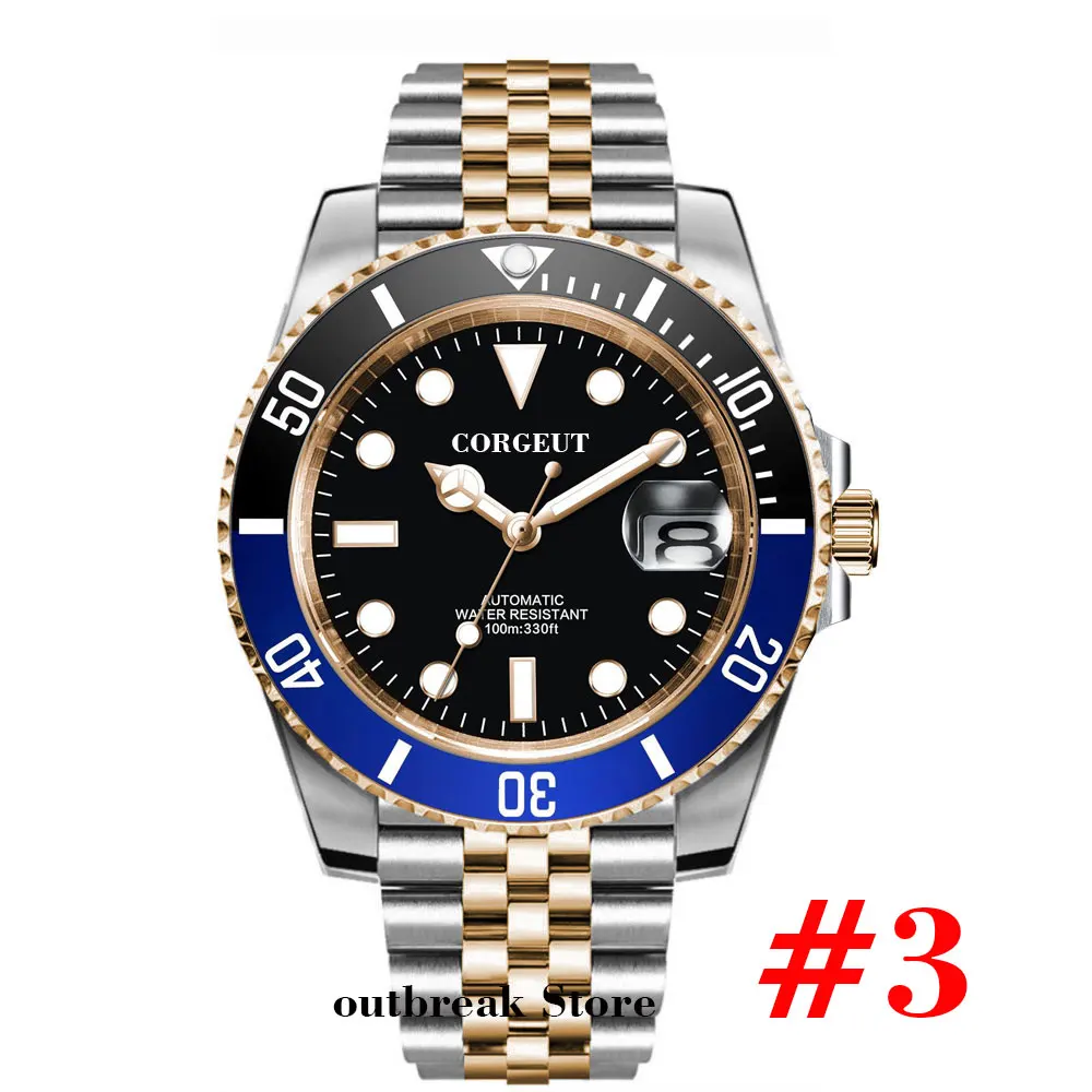 Imagem -05 - Corgeut Japão Nh35 10atm Relógio Automático Masculino Dois Tons Rosa Ouro Jubileu Cinta Estéril Azul Sunburst Dial Safira Cristal