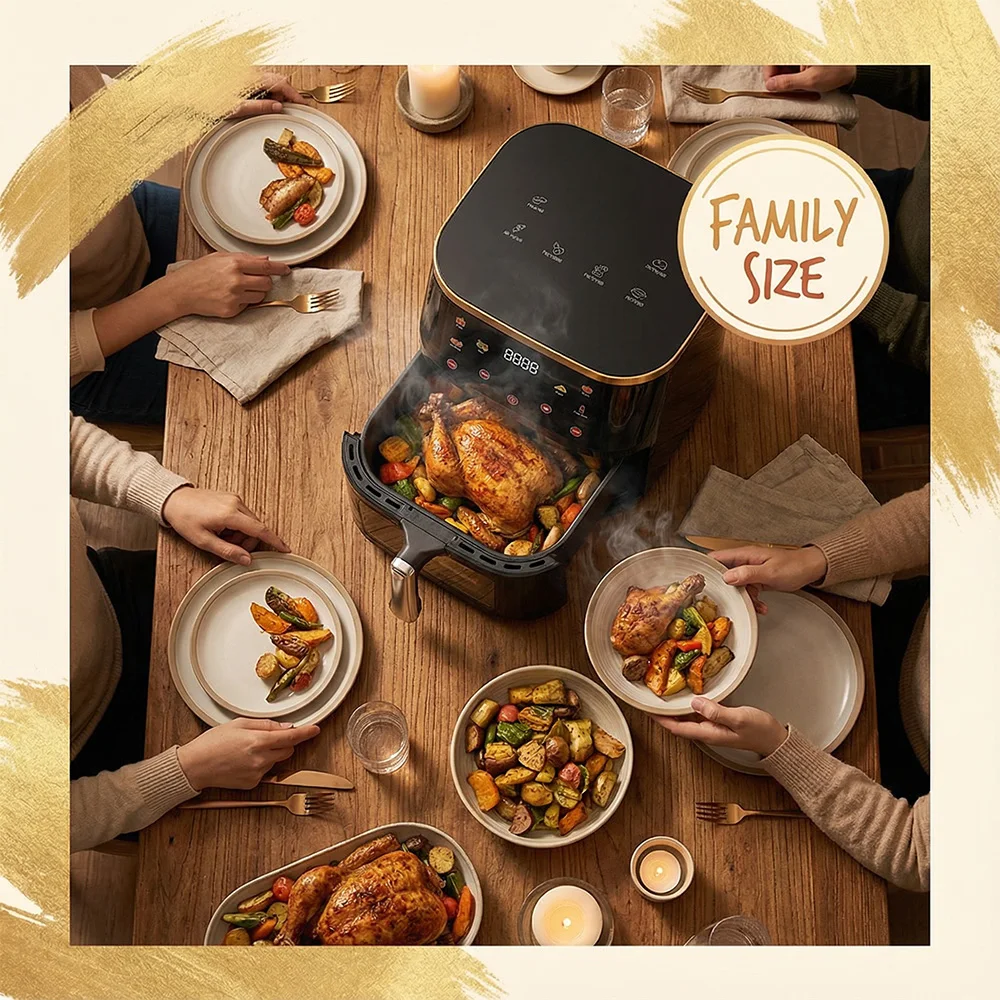 12L Digitale Heißluftfritteuse - Große Kapazität, 1400W, Gesundes Kochen, 180-210 ° C, 60-Minuten-Timer, quadratisches Design – für den Familiengebrauch (PP + Edelstahl) – Detail 9