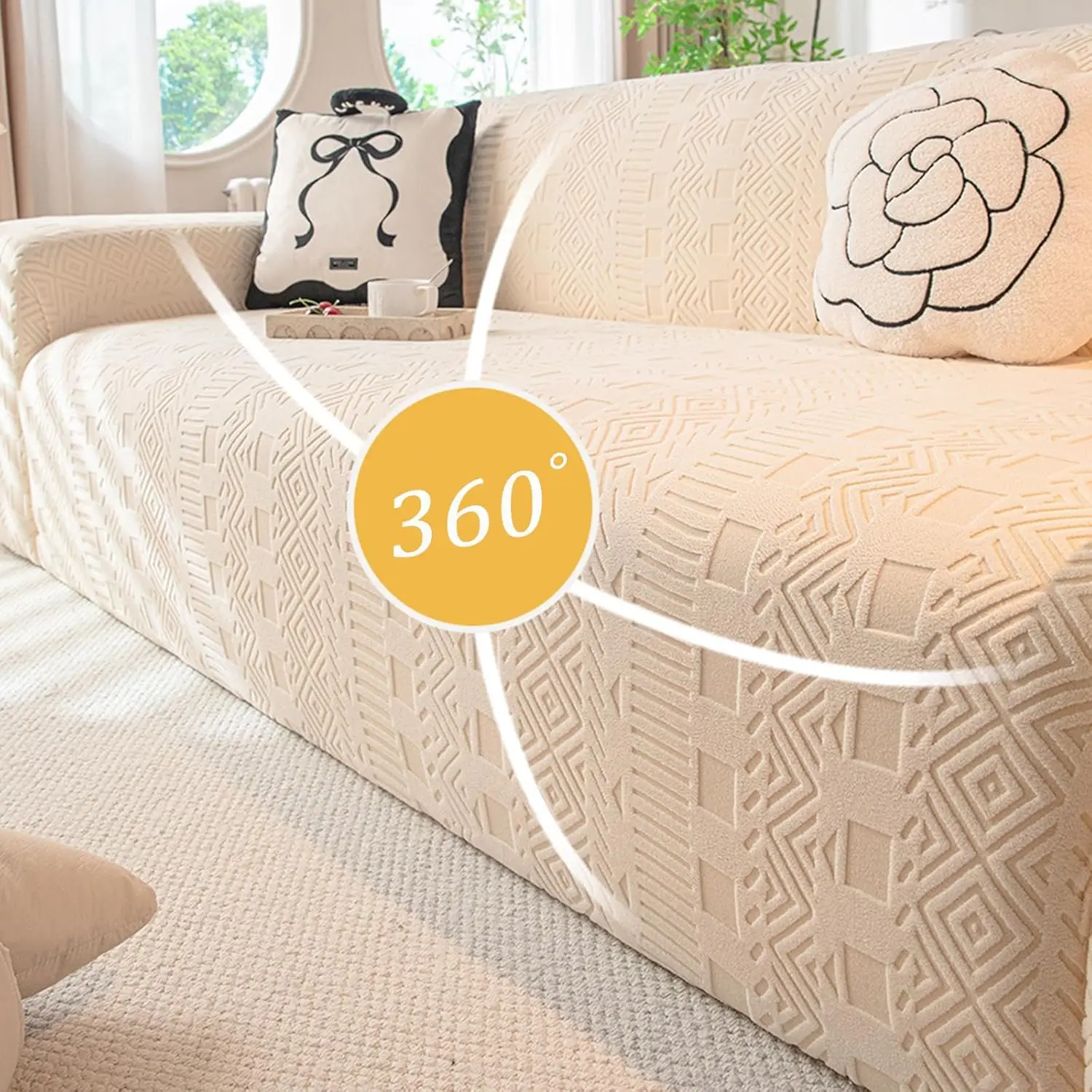 Jacquard Fabric Sofa Cover Solid Color Couch Covers All Inclusive Anti Cat Scratch, Anti Slip, Fixed Dust-proof Protective Cover