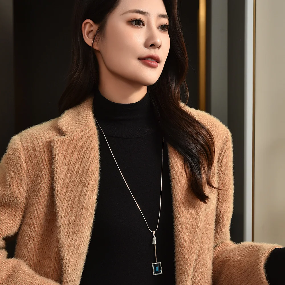 قلادة طويلة بسيطة وعصرية، سلسلة سترة شرابة كريستال هندسية