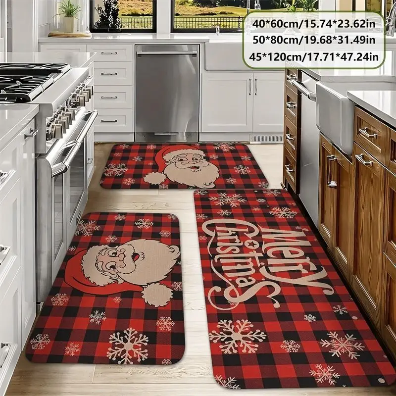 VIKAMA Christmas Santa Face Kitchen Mat Checkered Red Black Plaid Gold Merry Christmas Script Snowflake Holiday Floor Rug Decor