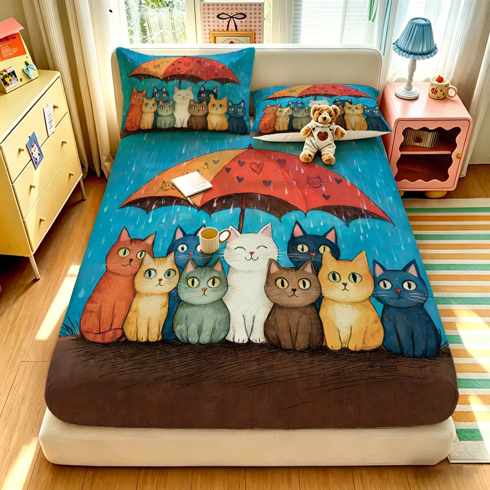 Cute Cat Family Umbrella Print Fitted Sheet Set 3Pcs Cartoon Animal Bedding Soft Microfiber Bed Sheet Pillowcases Kids