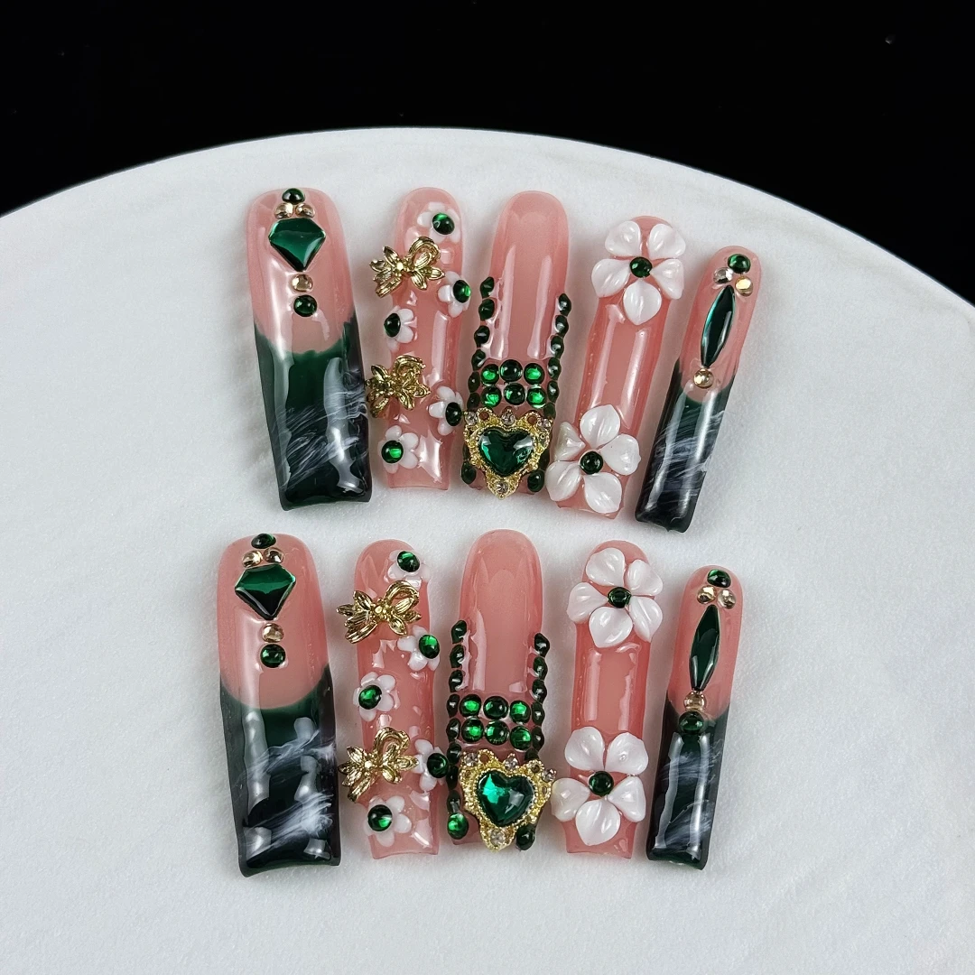 10pcs high-end Luxurious royal style, hand-painted three-dimensional heart, bow, green and pink contrasting colors handmade fake