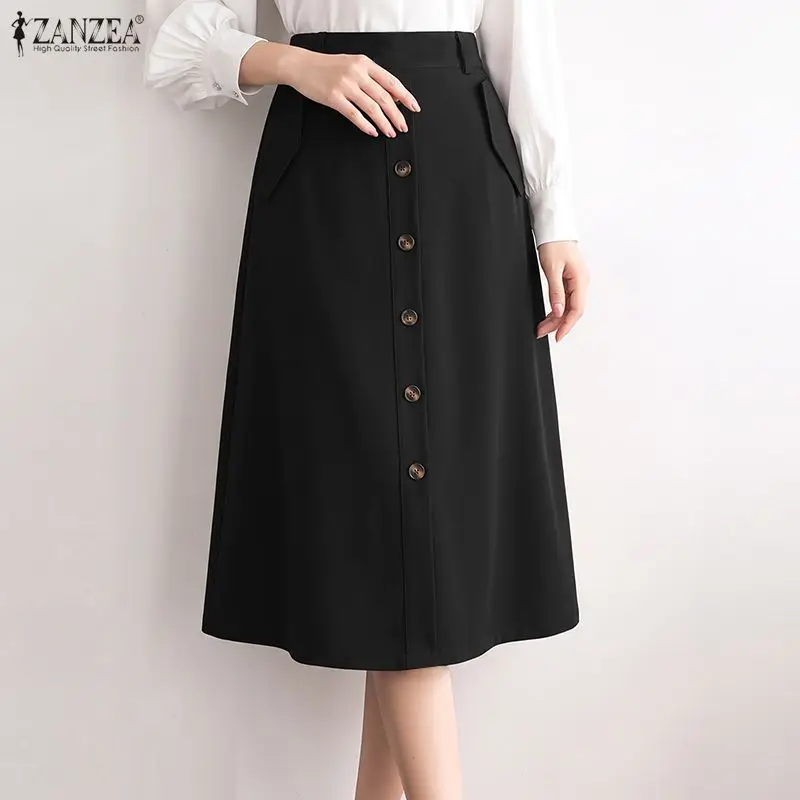 ZANZEA Women Skirt High Waist A-Line Midi Skirt Button Front Elegant Office Work Solid Color Spring Autumn Vestidos