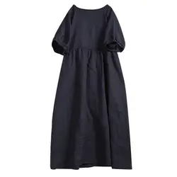Casual Cotton Linen Women Dress Vintage O-Neck Short Sleeve Long Maxi French Party Dresses Vestidos De Mujer