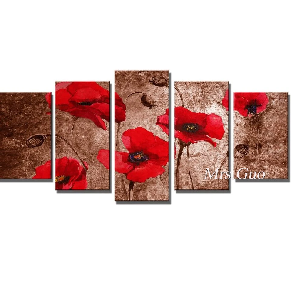 Diamond Painting Red Poppy Brown 5 Pieces Kit Full Square Round Drill Mutl-Picture Diamond Embroidery Cross Stitch Handmade Gift