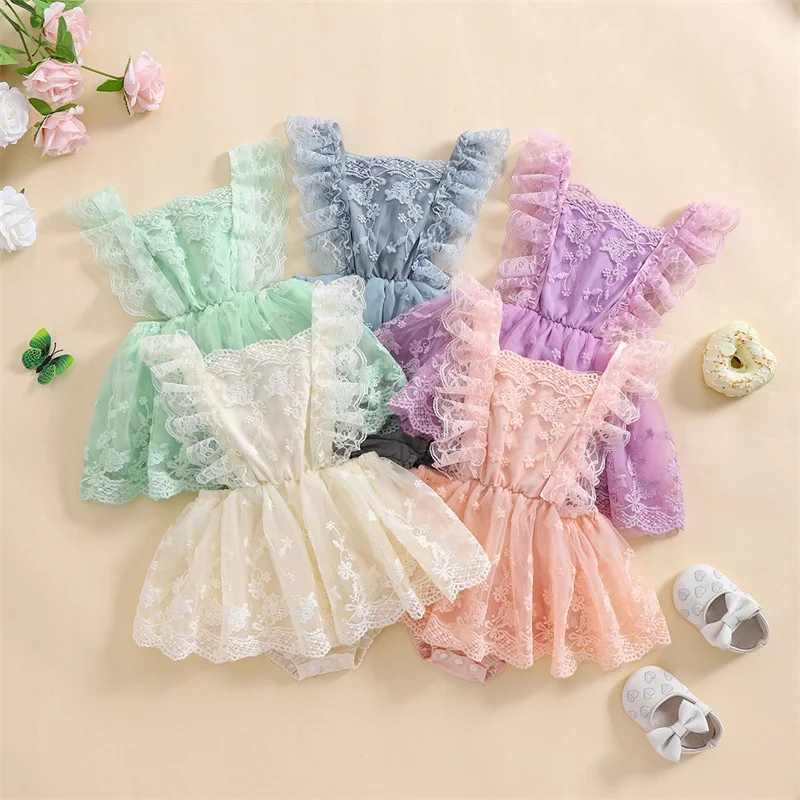 

Newborn Baby Girls Priness Rompers Dress Lace Flower Ruffles Backless Jumpsuits Tulle Skirts Birthday Party Newborn Clothes
