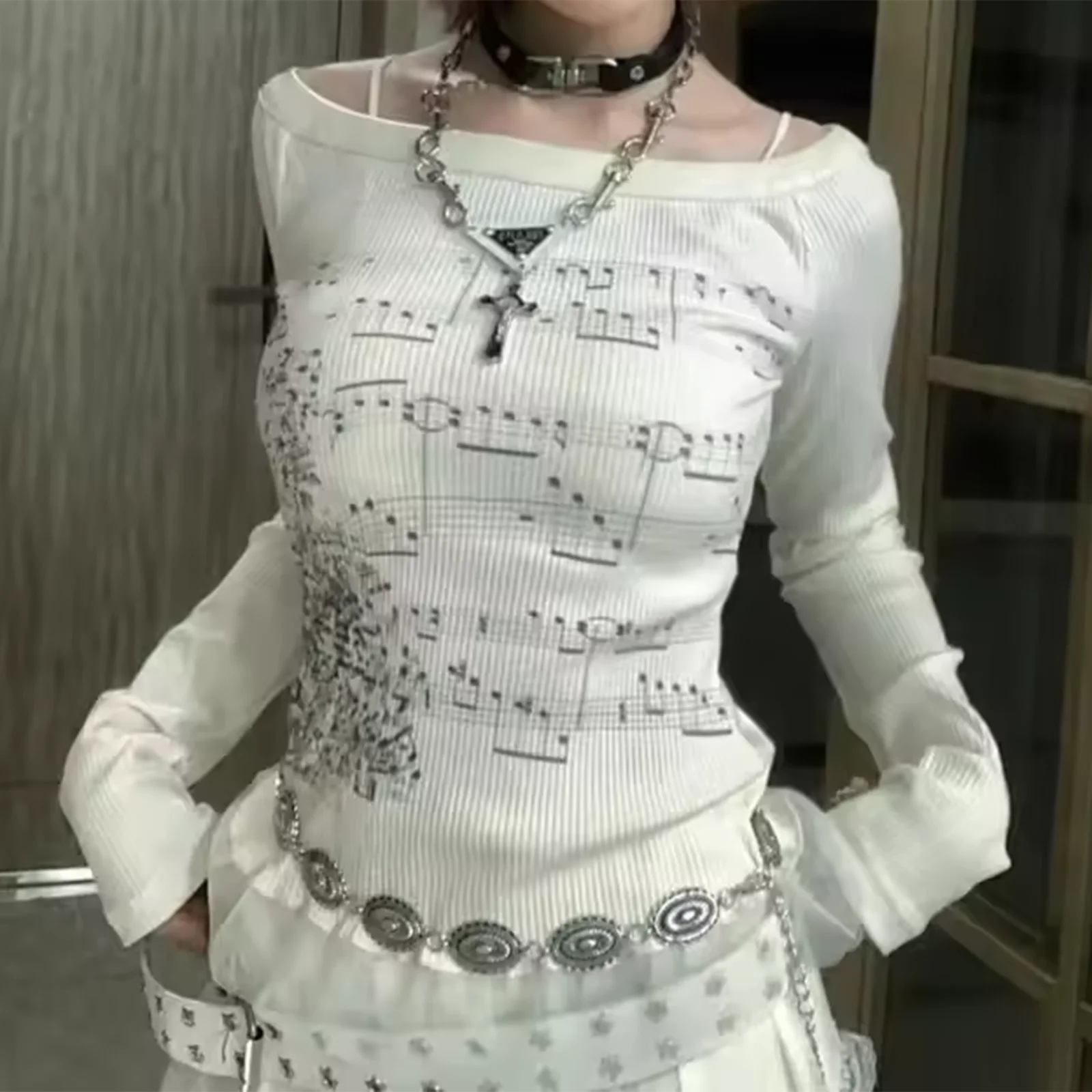 Basic Women’s Lace Patchwork Off Shoulder Tops Long Sleeve Music Note Print Slim Fitted T-Shirt Ruffle Blouse