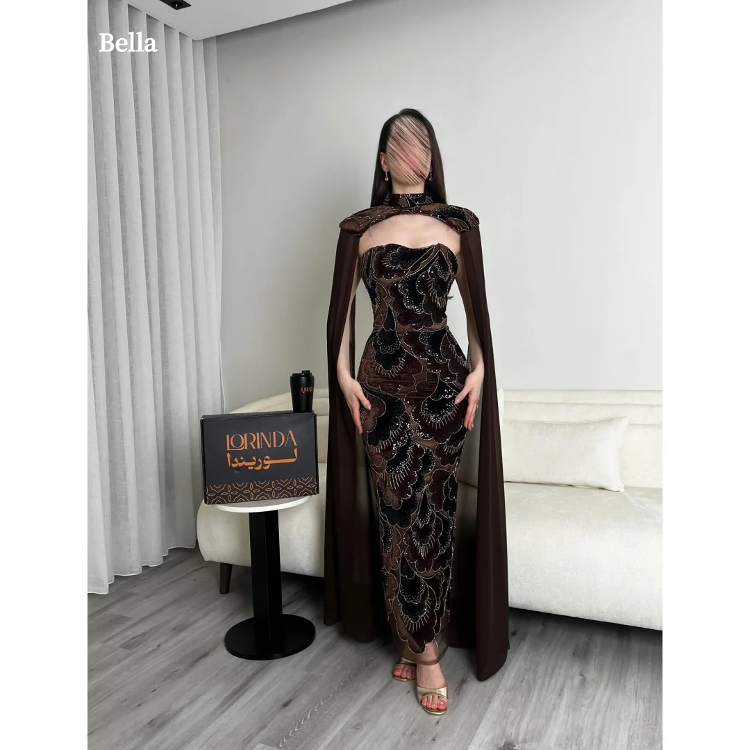 

Bella Customized Dark Brown Halter Neck Cape Sequin Velvet Prom Dress robes de soirée Bodycon Floor Length Party Dresses 2025