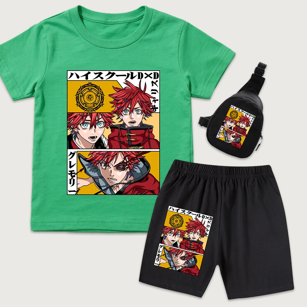 High School Dxd Garith Gremory Anime Print Cotton T Shirt Shorts Mini Chest Bag 3pcs Set Kids Summer Outfit for Boys Girls
