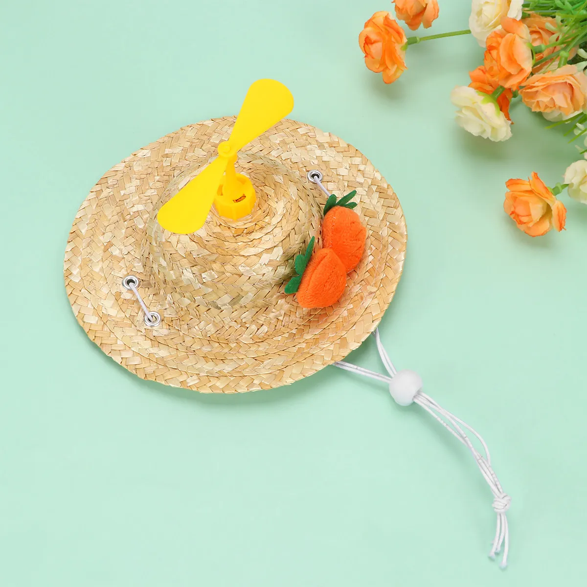 Hat for Pets M Size Yellow Carrot Design Hand Woven Straw Hat Adjustable Chin Strap for Dog Photography