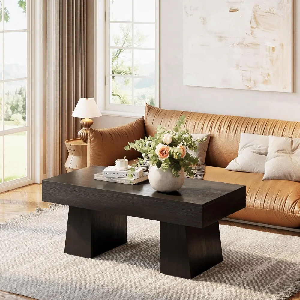 Farmhouse Coffee Table, 47 Inches Wooden Rectangular Accent Center Tables with Thick Base, Modern Low Cocktail Tea Furniture