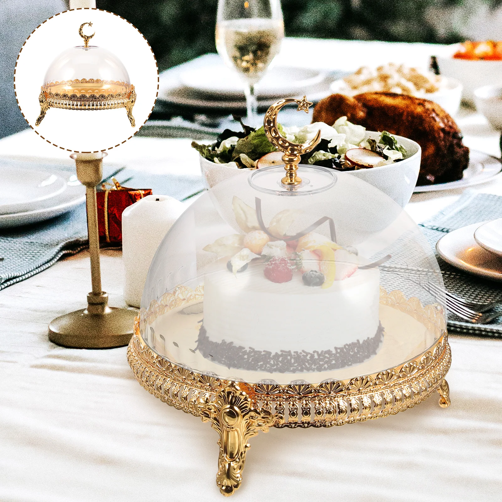

Iron Cake Tray Plate with Dome 8 Inch Lid Stand Footed Snack Dessert Pastry Holder Banquet Cover Food Protective Home Sturdy
