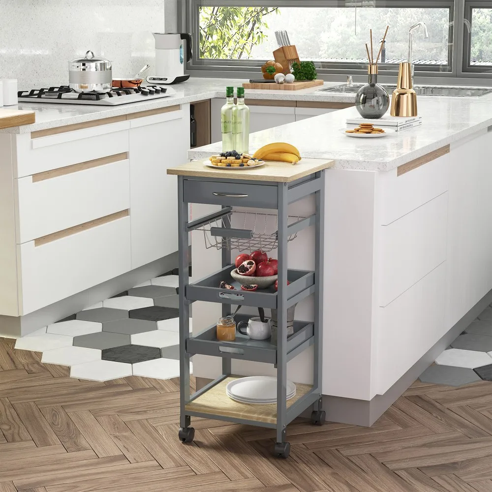 

Indoor Moving Microwave Cart w/ Slide-Out Wire Storage Basket & Wheels, Grey