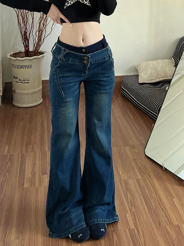 Retro American Spliced Denim Jeans Women's Sexy Washed Micro Flared Pants Slimming Low Waist Standard Fit Pure Color Jeans