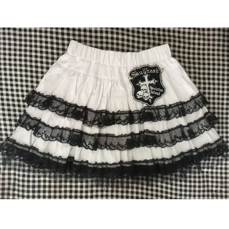 

Y2k Japanese White Subculture Short Skirt Summer New Style Original Old Style Lace Skirts Sexy Design Feeling Skull Cake Skirt