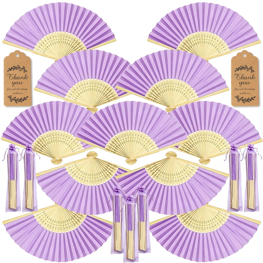 30pcs Purple Elegant Folding Hand Fan Set, Includes Thank You Card Gift Bag Bamboo Hand Fan Wedding Decor Summer Accessory