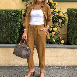 Cotton Linen Set Women Spring Summer Loose Oversize Long Sleeve Shirt Long Pants 2 Piece Sets Casual Office Ladies Trousers Suit