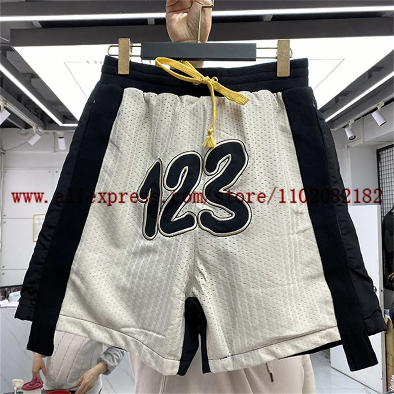 

Splicing Mesh RRR123 Shorts Men Women Embroidered 123 Logo Shorts Drawstring Elastic Waist Sports Shorts