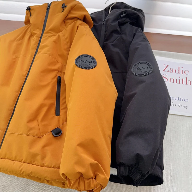 -30℃ Winter Teen Boys Padded Coat Thick Plus Velvet Solid Color Warm Hooded Outdoor Jackets for 4-14 Years Kids Children Parka