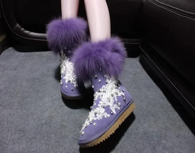 Beauty Violet Suede Fox Fur Top Pearl Rhinestone Mesh Flower Snow Boots Thick Sole Slip On Warm Winter Fur Boots Woman