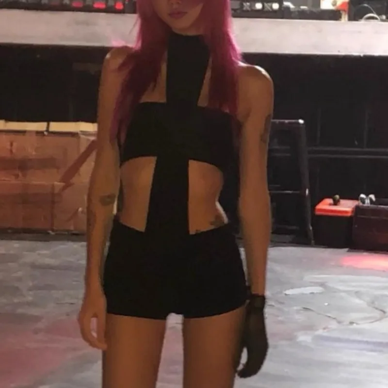 

Women Sexy Party Night Club 2 Piece Set Solid Tube + Sleeveless Halter Backless Skinny Playsuits Fashion Y2K Streetwear Suits