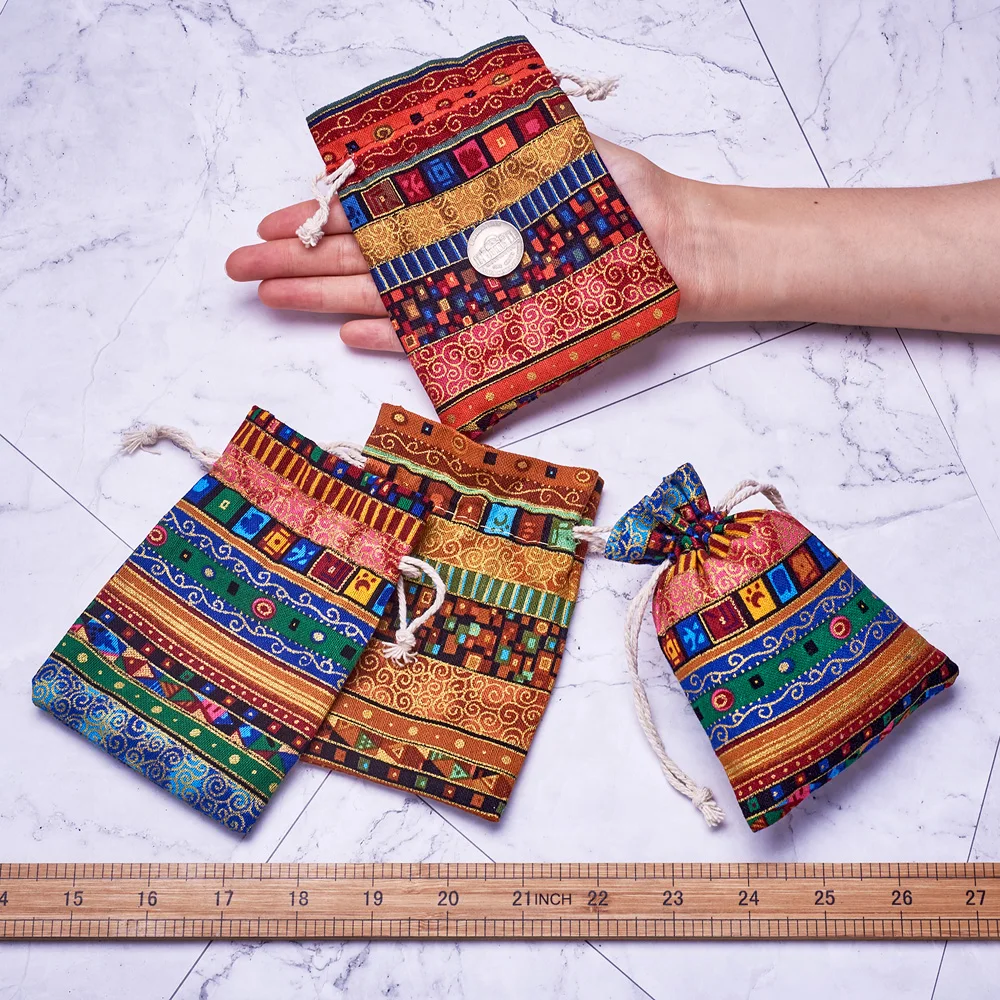 150pcs Mixed Color Rectangle Ethnic Style Cloth Packing Pouches Drawstring Bags for Jewelry Storage Packing Gift Bag 18x13 14x10