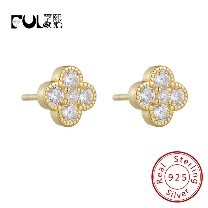 

Four Leaf Clover stud earrings 925 Sterling silver 14k gold plated earrings Delicate Cubic Zirconia jewelry Fashion for Women